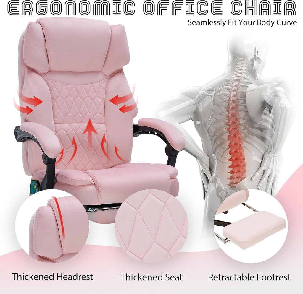 Massage Office Chair with Foot Rest 6 Points Vibration and Heat Home Office Desk Chairs for Heavy People 400lbs Reclining Managerial Chairs Ergonomic Executive Chair (Pink)