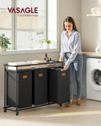 VASAGLE Laundry Sorter, Laundry Hamper with Wheels, 39.6 Gal. (150 L) Portable Rolling Cart Baskets with Shelf, 3 Removable Liners and 6 Labels, Ink Black and Chestnut Brown UBLH103BH01