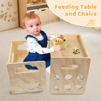 Satisure Montessori Weaning Table and Chair Set, Wooden Toddler Table and Chair Set, 1-3 Age Kids Table and Chairs with Blackboard & 3 Heights Adjustable for Eating & Drawing & Reading