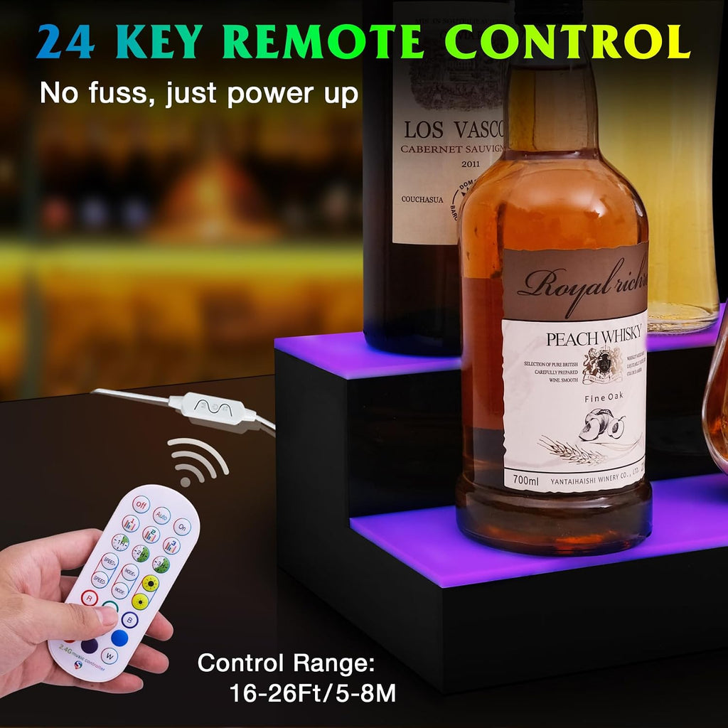 LED Lighted Liquor Bottle Display Shelf, 2 Tiers 30 Inch Bar Bottle Display Shelf with Remote and App Control for Home Bar Party Whiskey Wine Coffee Syrup Water Bottles Display