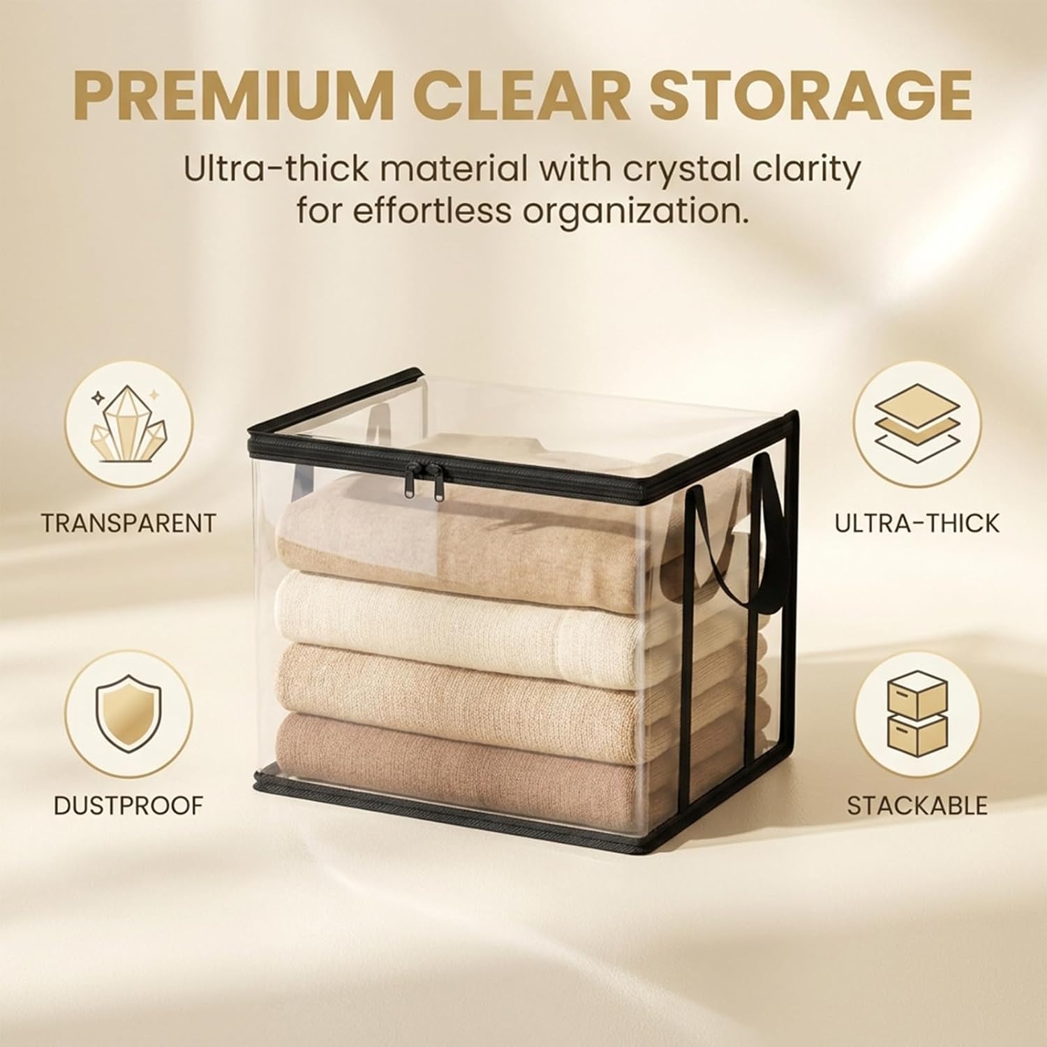 SakerPlus Large Clear Thick Plastic Storage Box with Hinged Lid, 15 inch Thick Plastic Book Storage Bin, Stackable Collapsible Organizer Container for Books, Files, Magazines, Bedroom (Black *3)