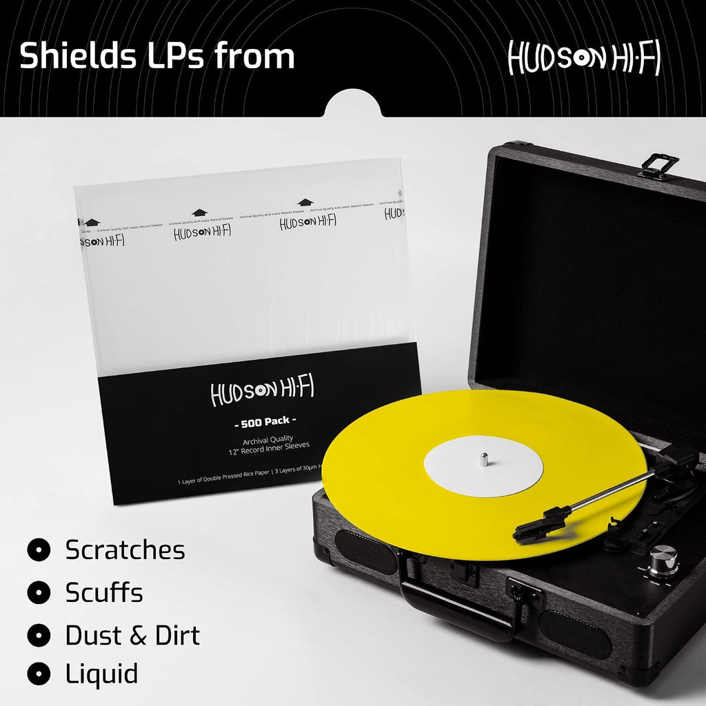 Hudson Hi-Fi Anti-Static Vinyl Record Inner Sleeves - Protective Vinyl Record Inner Sleeve 500 Pack - Protect Your LP Albums from Scratches, Dust & Dirt - Acid-Free Rice Paper Interior Disc Covers