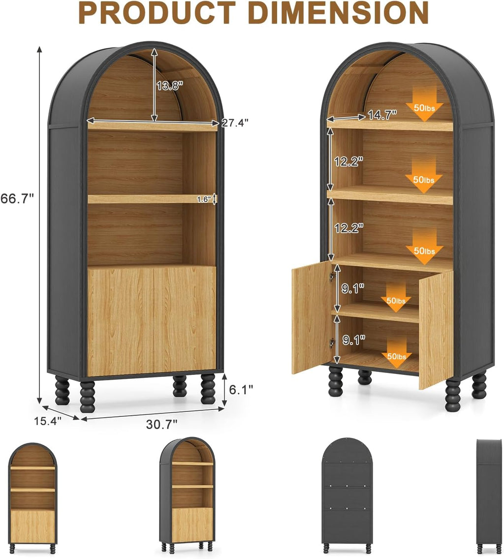 EROMMY 66.7" Arched Cabinet, Kitchen Pantry with Fluted Panel Door, Tall Storage Cabinet Arch Bookcase with Open Display Shelf, Versatile Cupboard for Kitchen, Dining Room, Living Room, Black