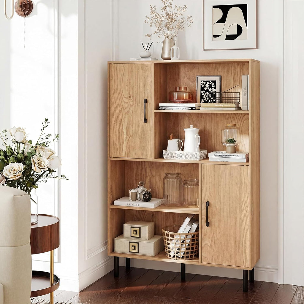 Giantex 47-Inches Storage Cabinet with Doors, Open Shelves, Anti-Tipping Device, 4-Tier Bookcase for Books & Photos, Tall Cupboard, Floor Cabinet for Living Room, Kitchen Buffet Sideboard (Natural)