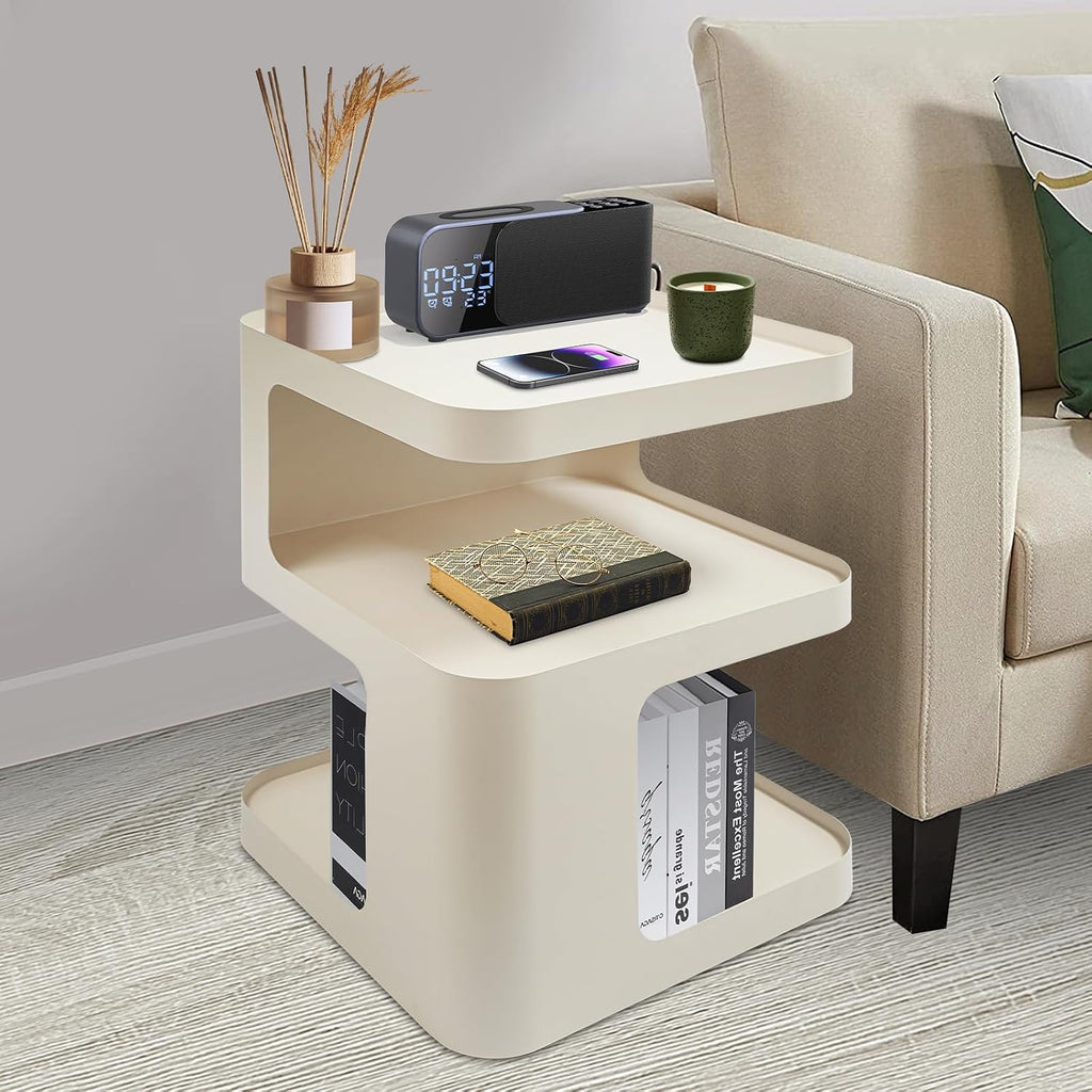 Modern End Tables 3 Tier Small Nightstand Metal Side Table with Storage Accent Tables Minimalist Couch Table for Bedroom, Living Room, No Assembly Required (Style 1, White, 15.7×15.7)