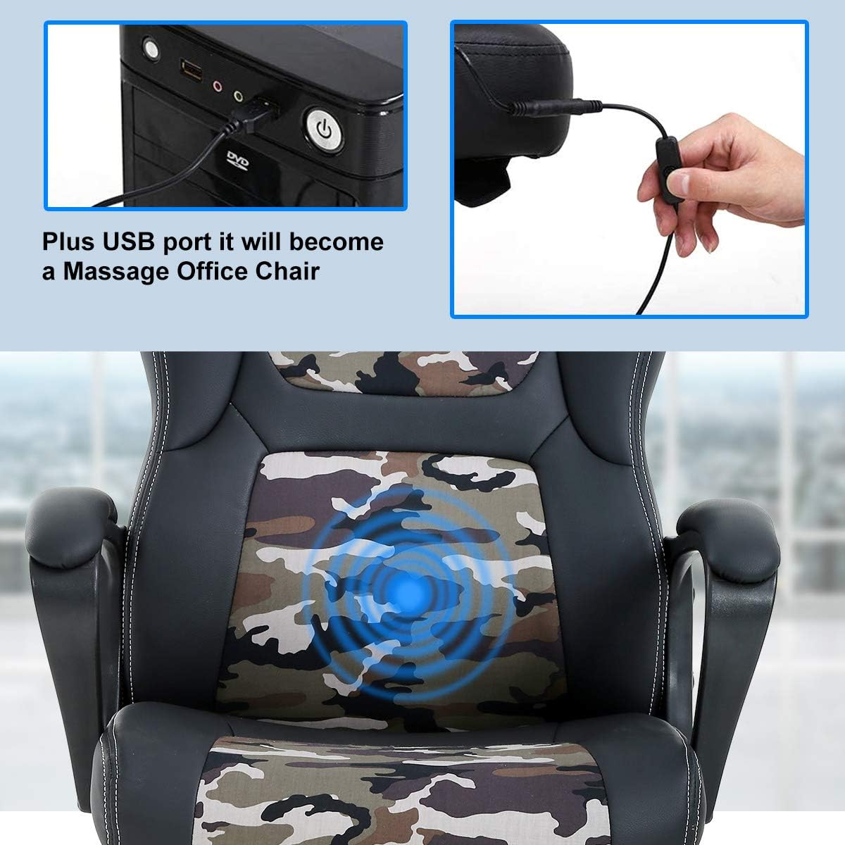 Office Chair Gaming Chair Desk Chair Ergonomic High Back Massage Computer Chair with Lumbar Support & Comfort Armrest PU Leather Rolling Task Racing PC Swivel Executive Chair for Men Women, Camo