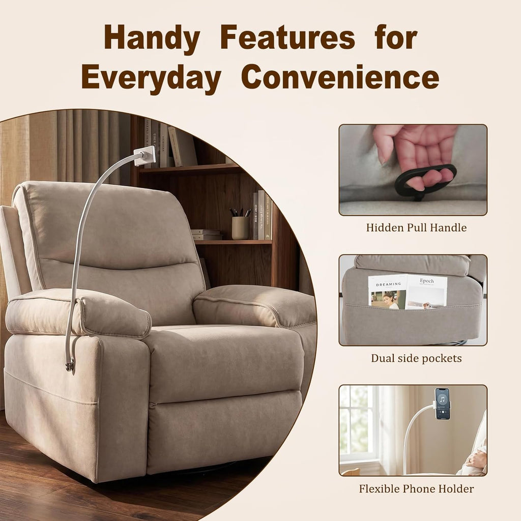 360° Swivel Glider Rocking Chair Nursery， Oversized Recliner with Phone Holder，Nursing Chairs for Breastfeeding with Wide Foot Rest for Living Room and Baby Room,Linen