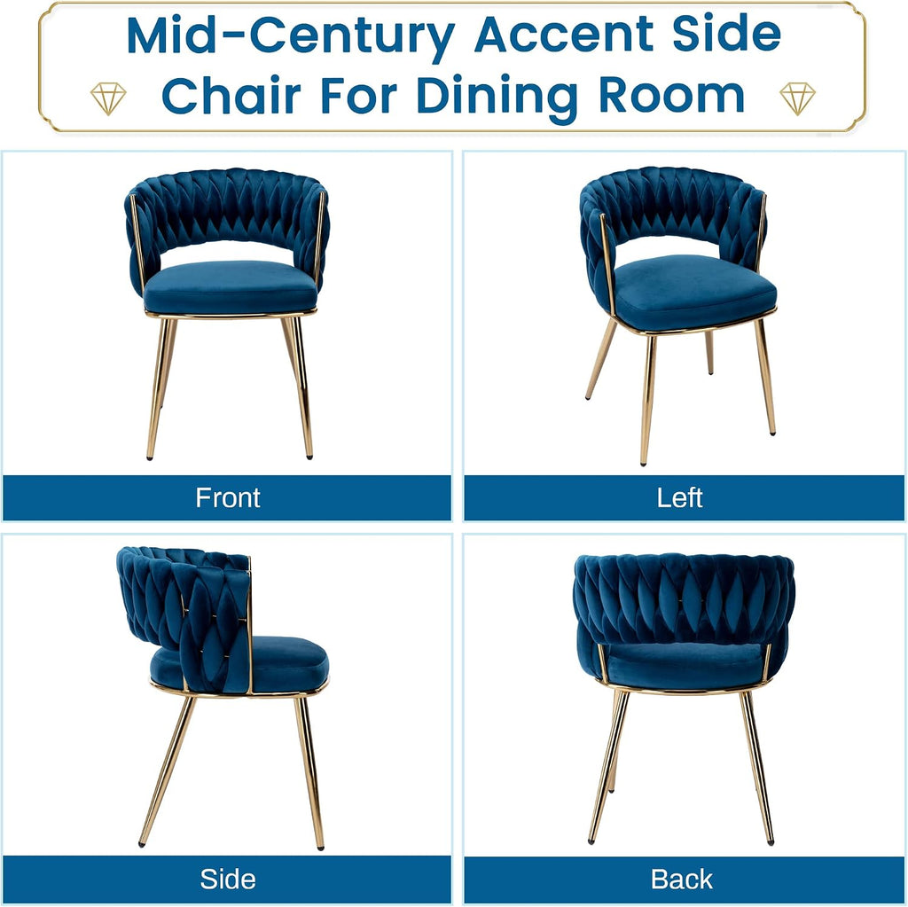 KCC Modern Velvet Dining Chairs Set of 4, Back and Golden Metal Legs, Mid-Century Accent Side Chair for Living Room, Dining Room, Kitchen, Blue
