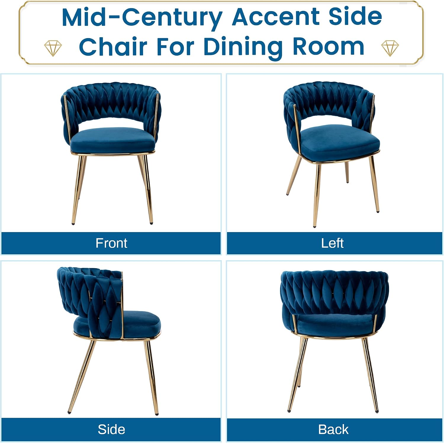 KCC Modern Velvet Dining Chairs Set of 4, Back and Golden Metal Legs, Mid-Century Accent Side Chair for Living Room, Dining Room, Kitchen, Blue