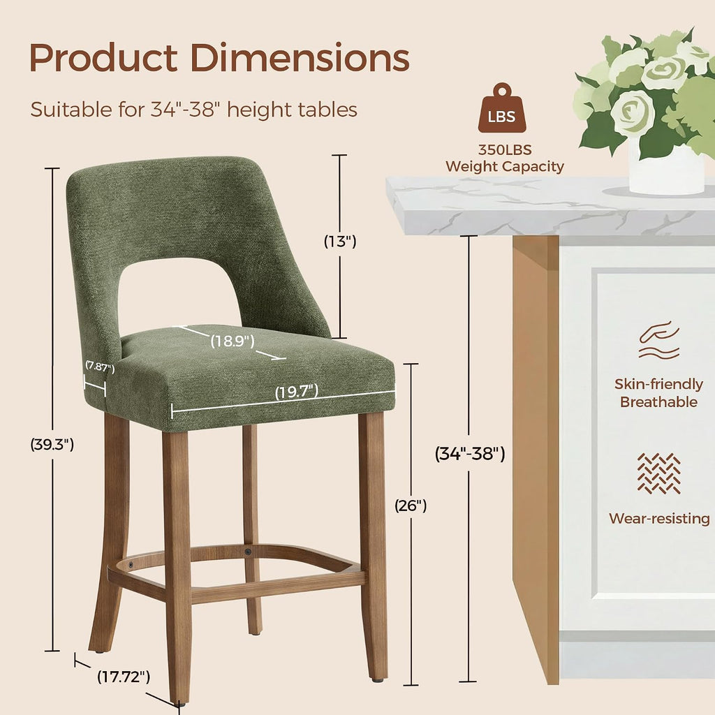 UVV Bar Stools Set of 4, Upholstered Counter Height Bar Stools, Modern Counter Stools with Wood Legs for Kitchen Island Dining Room Bar, Green