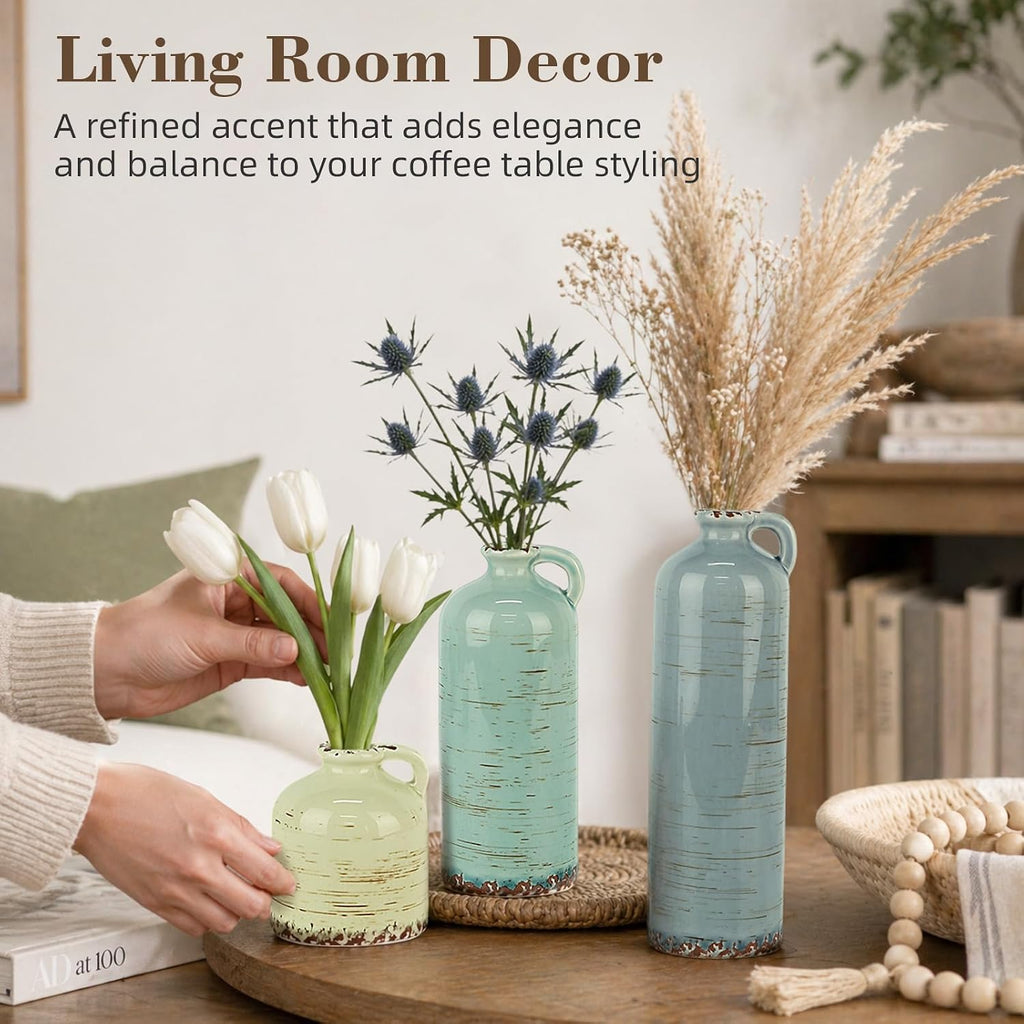 TBWIND Ceramic Vases Set of 3, Neutral Rustic Flower Vases with Handle for Modern Farmhouse Home Decor, Small Decorative Vases for Table Bookshelf Mantel Kitchen Living Room Bedroom - Morandi