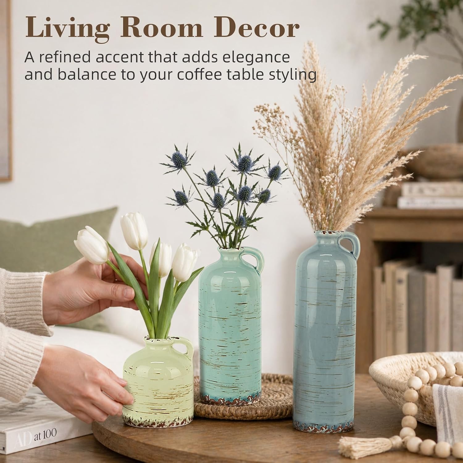 TBWIND Ceramic Vases Set of 3, Neutral Rustic Flower Vases with Handle for Modern Farmhouse Home Decor, Small Decorative Vases for Table Bookshelf Mantel Kitchen Living Room Bedroom - Morandi