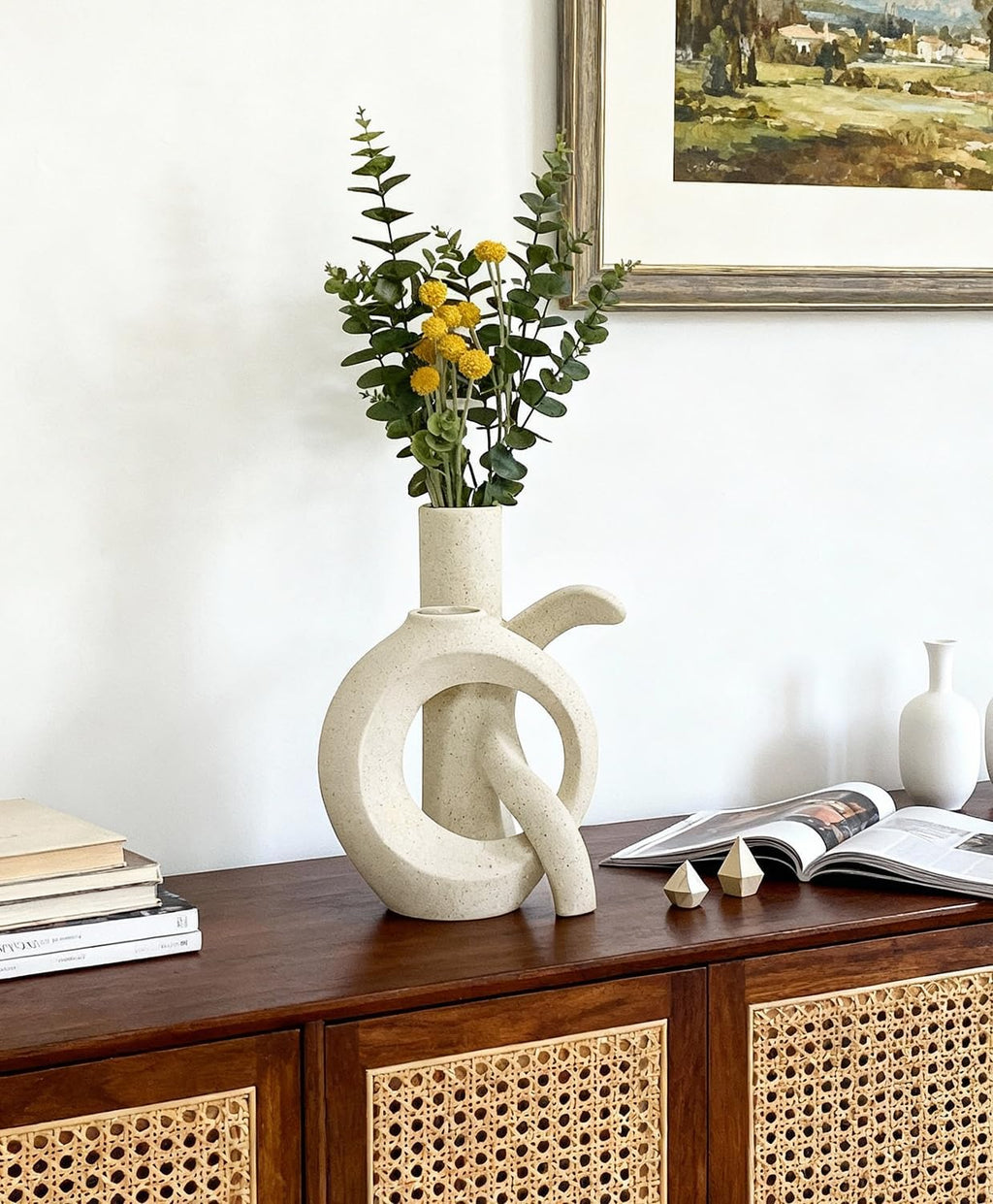 Ceramic Vase Set of 2, OK Shape, Modern Nordic Boho Home Decor - Matte Minimalist Decorative Vases for Living Room, Shelf, Wedding Centerpiece, Table Decor (Cream White)
