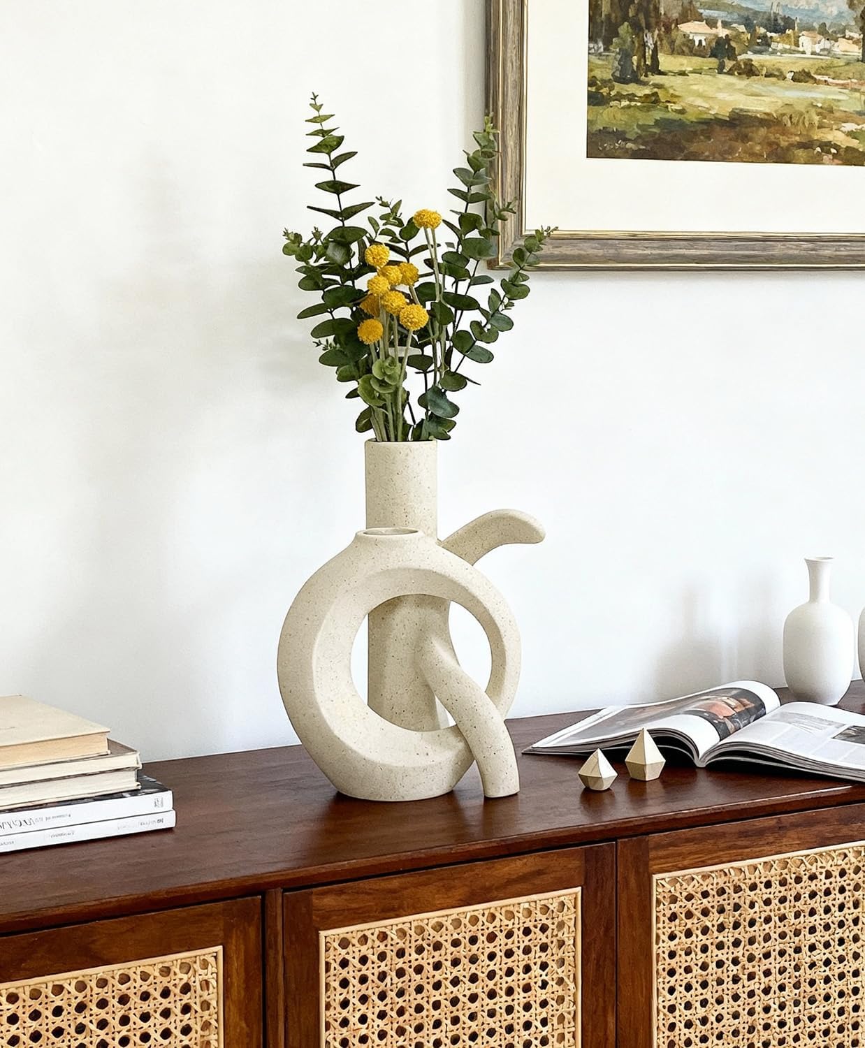 Ceramic Vase Set of 2, OK Shape, Modern Nordic Boho Home Decor - Matte Minimalist Decorative Vases for Living Room, Shelf, Wedding Centerpiece, Table Decor (Cream White)