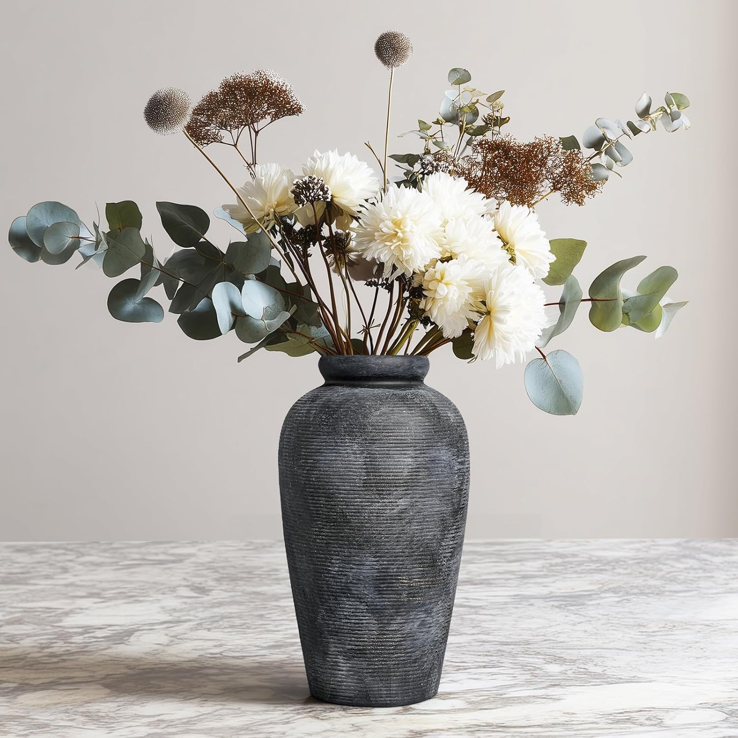 Rustic Vase, 11 inch Large Terracotta Flower Vase, Farmhouse Ceramic Pottery, Distressed Farmhouse Decor for Living Room, Shelf, Entryway, Room Decor, Black Bronze