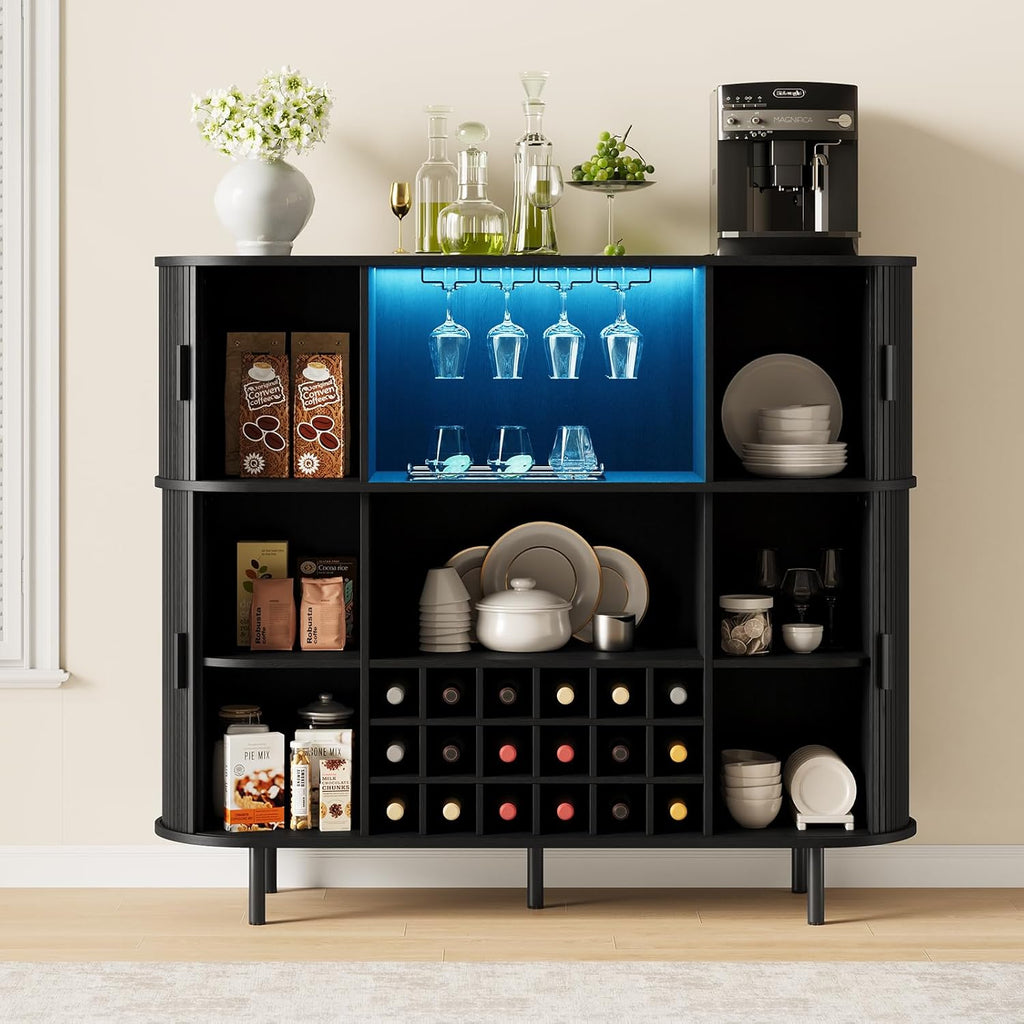 ONBRILL 55" Fluted Wine Bar Cabinet with LED Lights, Coffee Bar Cabinet with Power Outlet, Modern Liquor Whiskey Cabinets with Wine Rack and Glass Holder, Home Bar for Living Room Kitchen