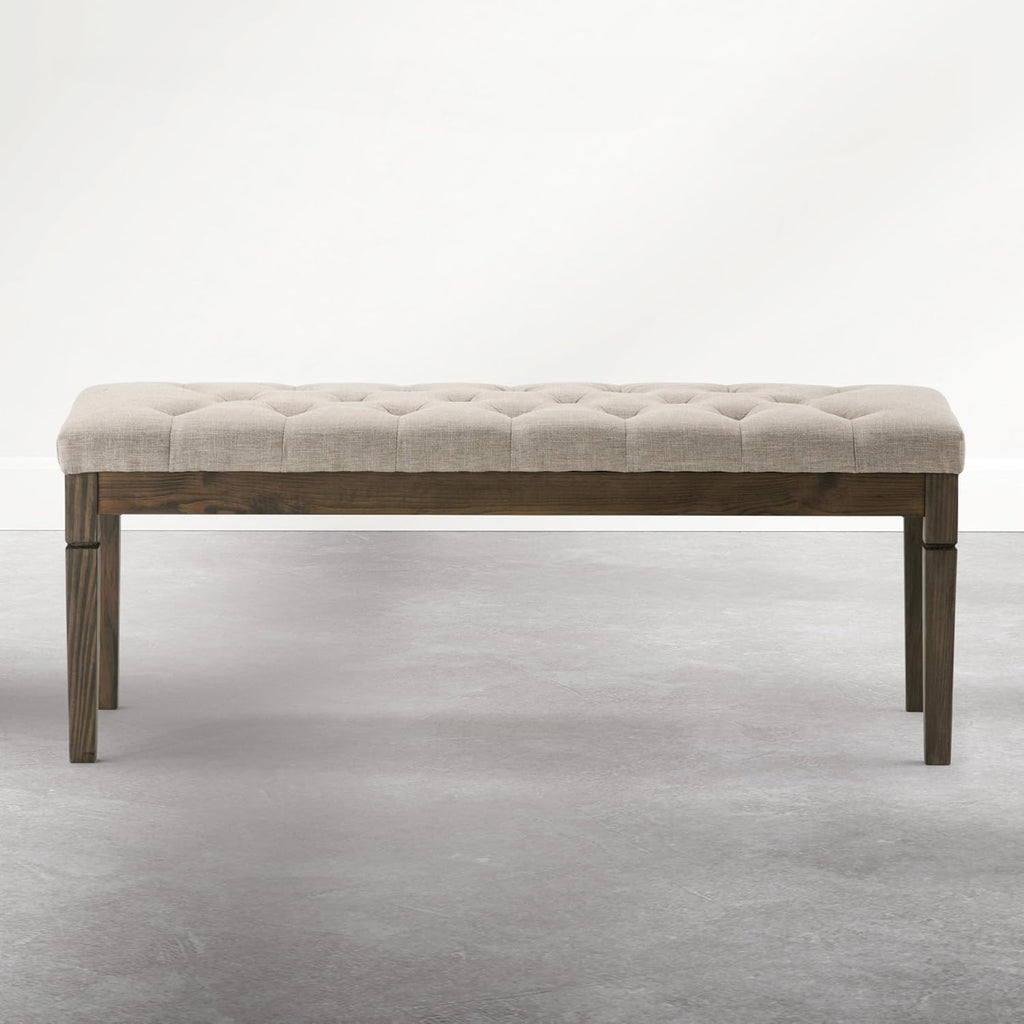 SIMPLIHOME Waverly Tufted Ottoman Bench - 48 inch Wide Upholstered Linen Look Fabric Rectangle Footstool Ottoman in Wheat Beige, Traditional Bench for Entryway or Living Room with Carved Legs