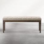 SIMPLIHOME Waverly Tufted Ottoman Bench - 48 inch Wide Upholstered Linen Look Fabric Rectangle Footstool Ottoman in Wheat Beige, Traditional Bench for Entryway or Living Room with Carved Legs