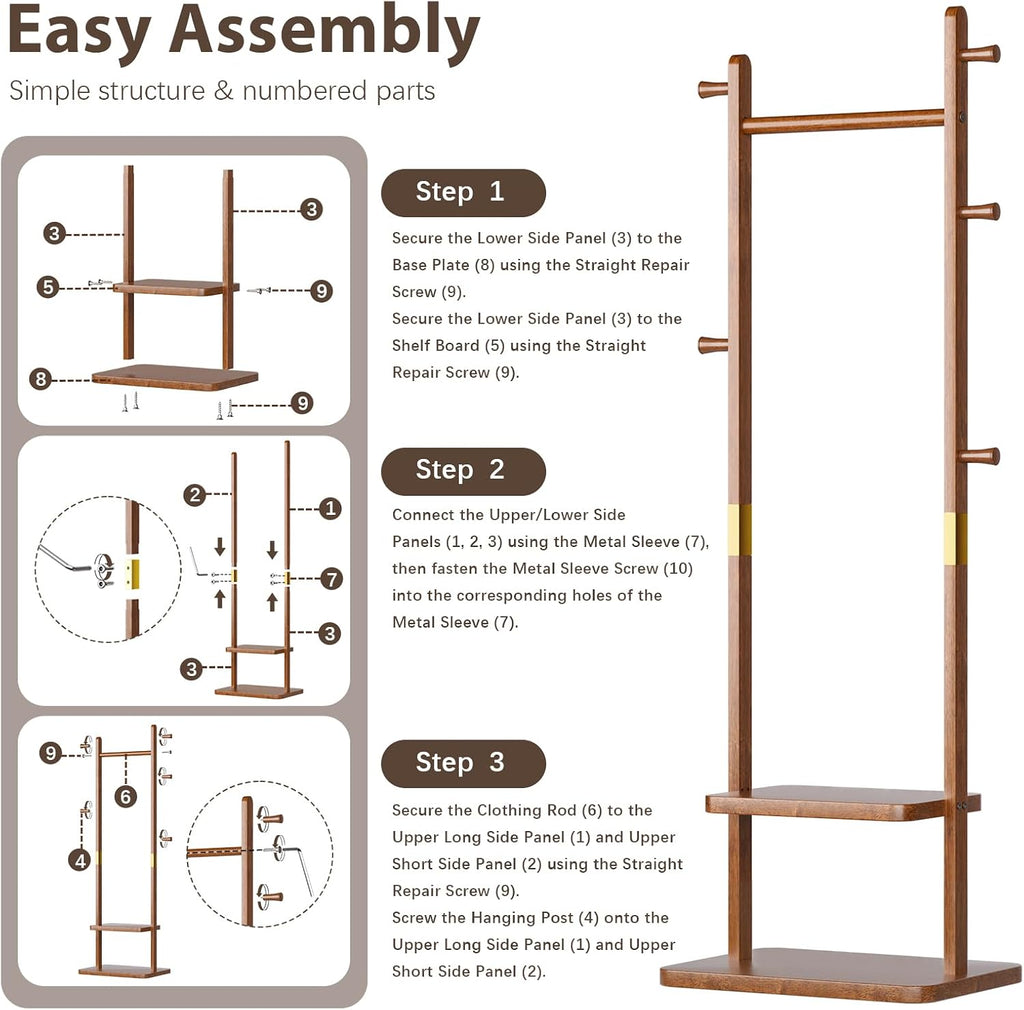 Taitiy Solid Wood Coat Rack, Freestanding Clothing Rack with 2 Shelves Storage & 5 Hooks, Heavy Duty Clothes Rack Stand for Hall, Bedroom, Living Room