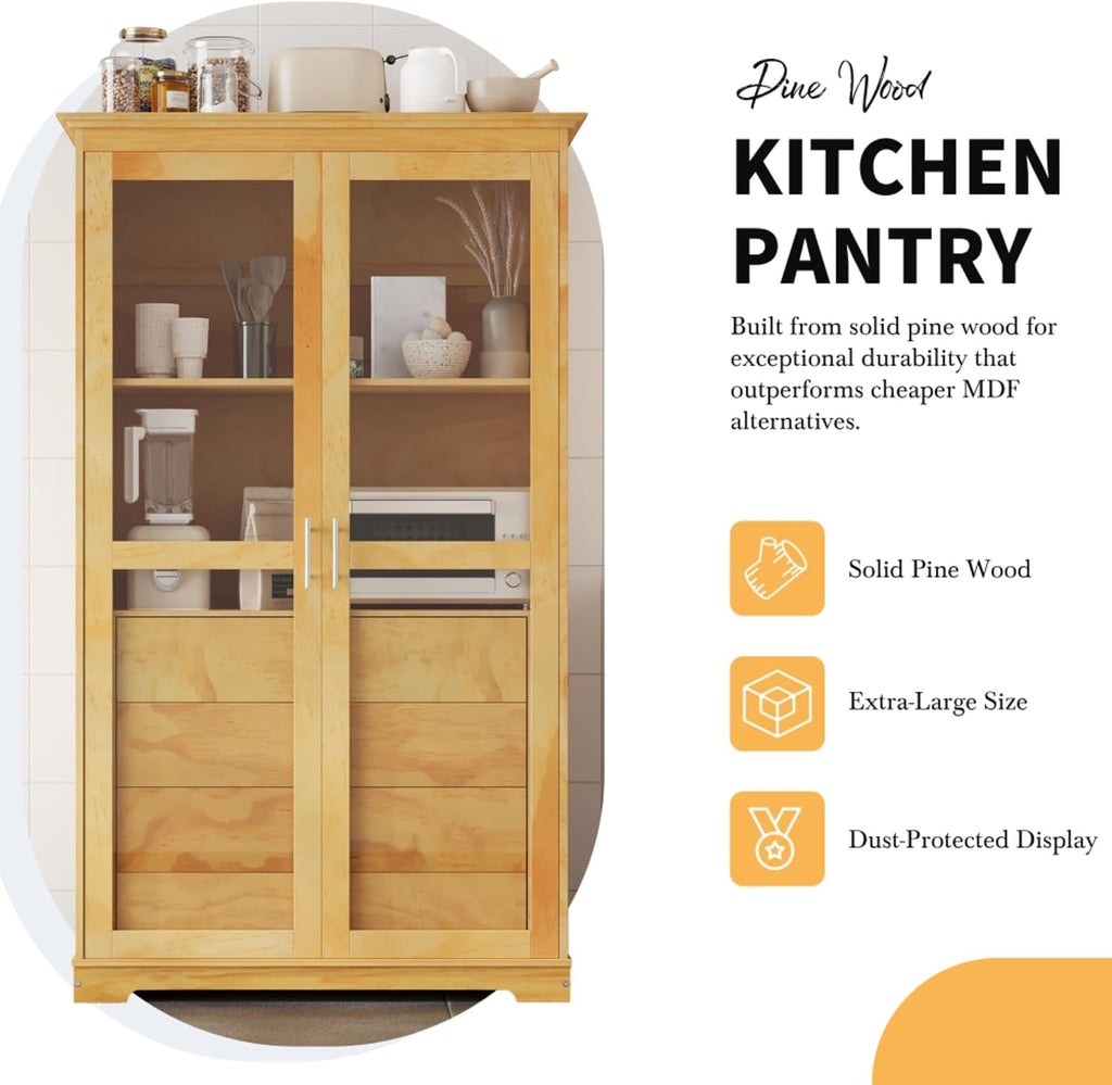 Freestanding pantry organizer armoire solid pine wood, glass double doors, four sliding drawers, adjustable shelf, kitchen hutch for dining area, office, living room display cupboard (Natural)