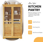 Freestanding pantry organizer armoire solid pine wood, glass double doors, four sliding drawers, adjustable shelf, kitchen hutch for dining area, office, living room display cupboard (Natural)