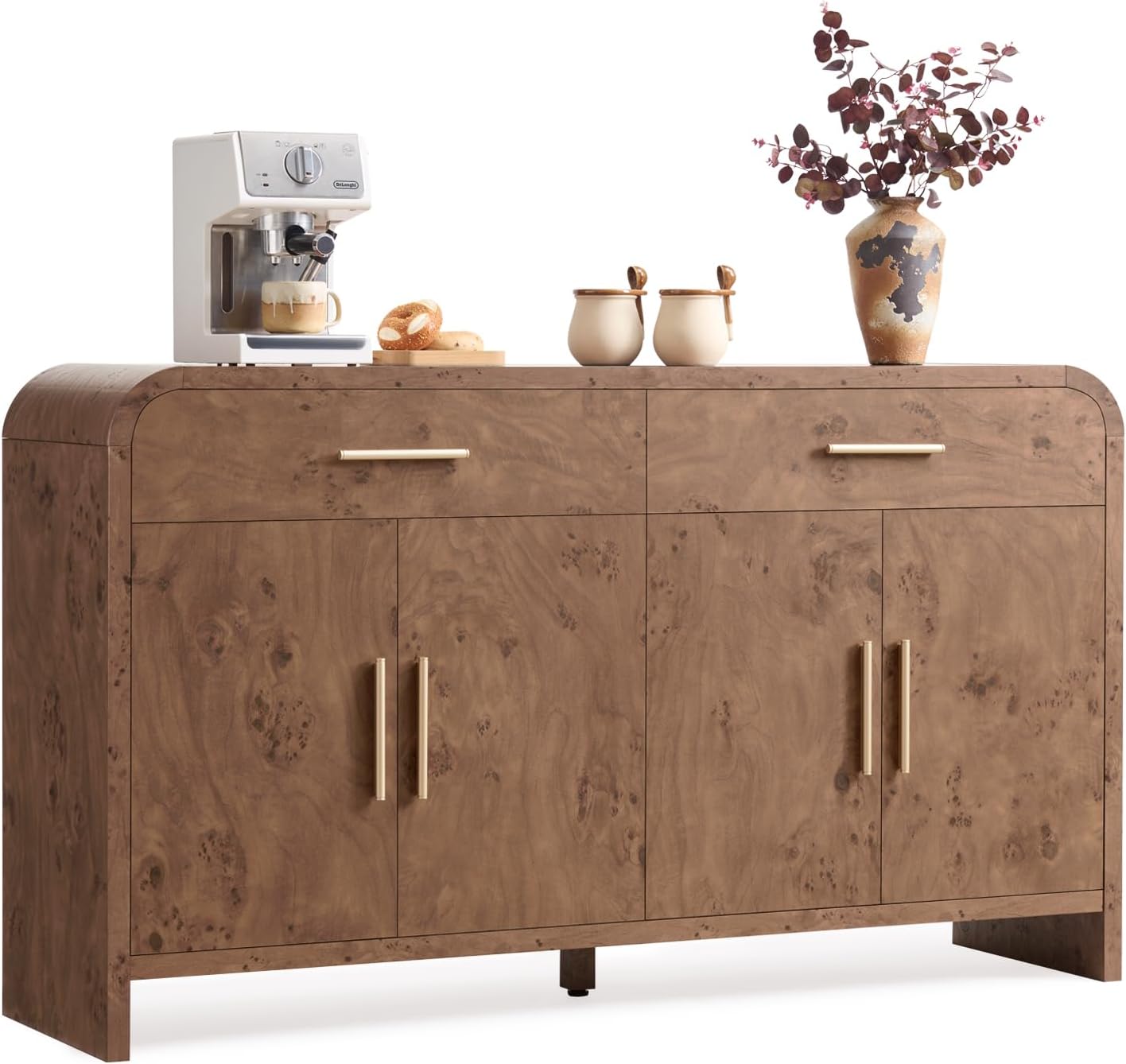 59" Sideboard Buffet Cabinet with Storage, Curved Sideboard Cabinet＆ Adjustable Shelves, FSC-Certified Wooden Board Modern Credenza Buffet Table Console Cabinets (Dark Burl)