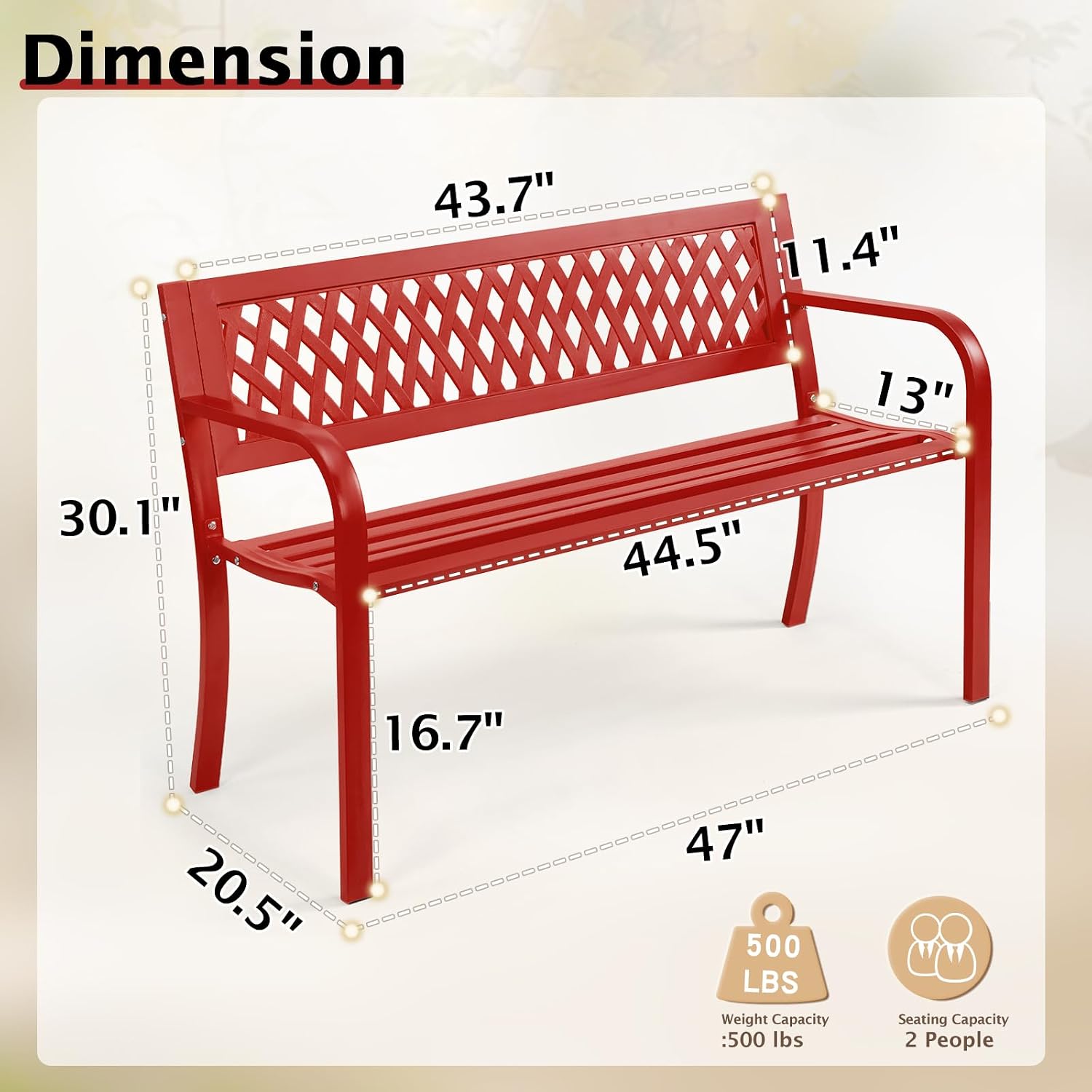 VINGLI 47'' Outdoor Bench, Weather Resistant Garden Patio Bench Powder Coated Iron Frame w/PVC Mesh Backrest Slatted Seat, 2-Person Outdoor Furniture for Front Porch Entryway Park (Red)