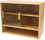 Bamboo Kitchen Pantry Sideboard with Sliding Glass Doors, Freestanding Storage Cabinet with Adjustable Height, 3-Tier Utility Cupboard for Bottles and Dishes