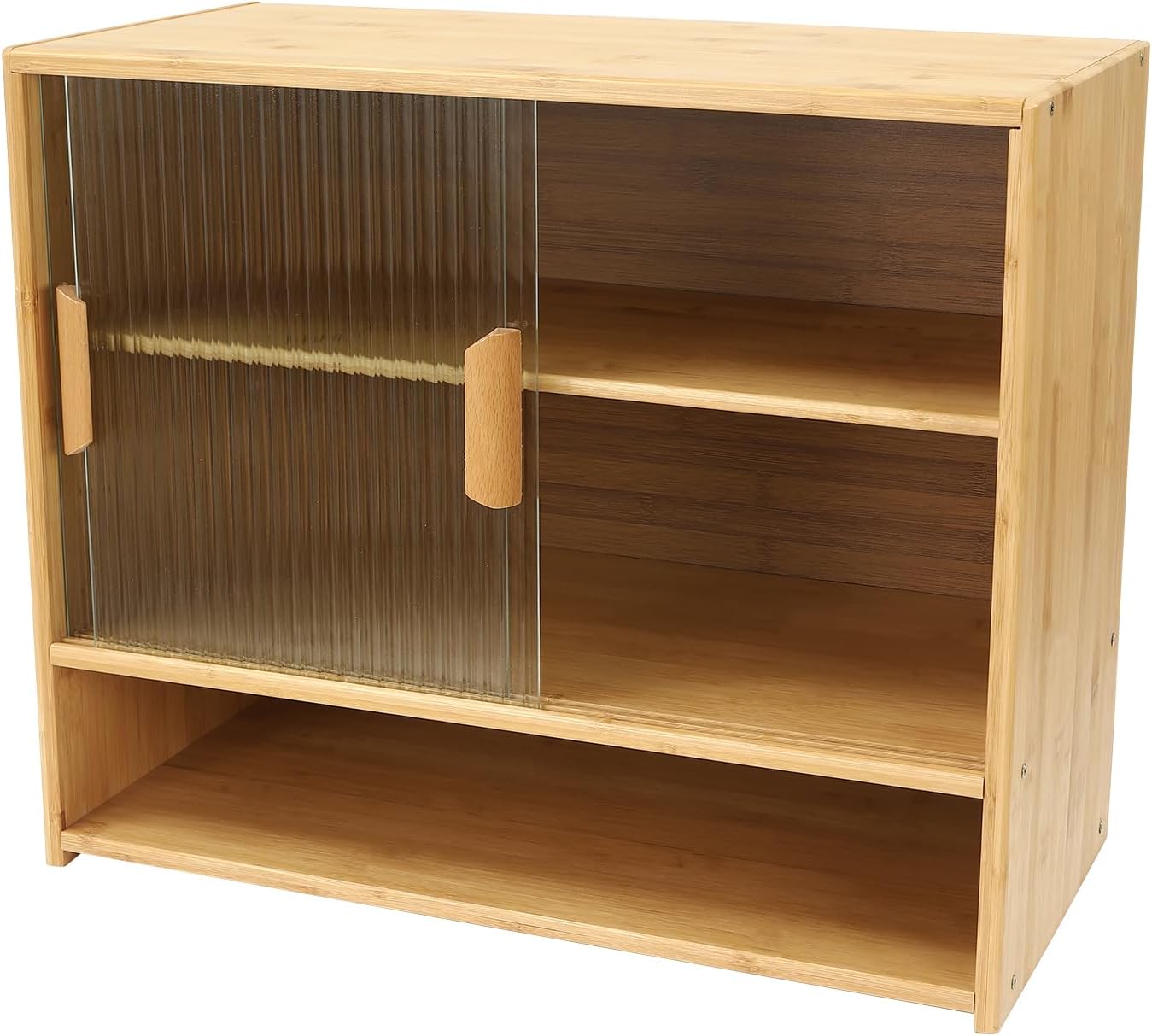 Bamboo Kitchen Pantry Sideboard with Sliding Glass Doors, Freestanding Storage Cabinet with Adjustable Height, 3-Tier Utility Cupboard for Bottles and Dishes