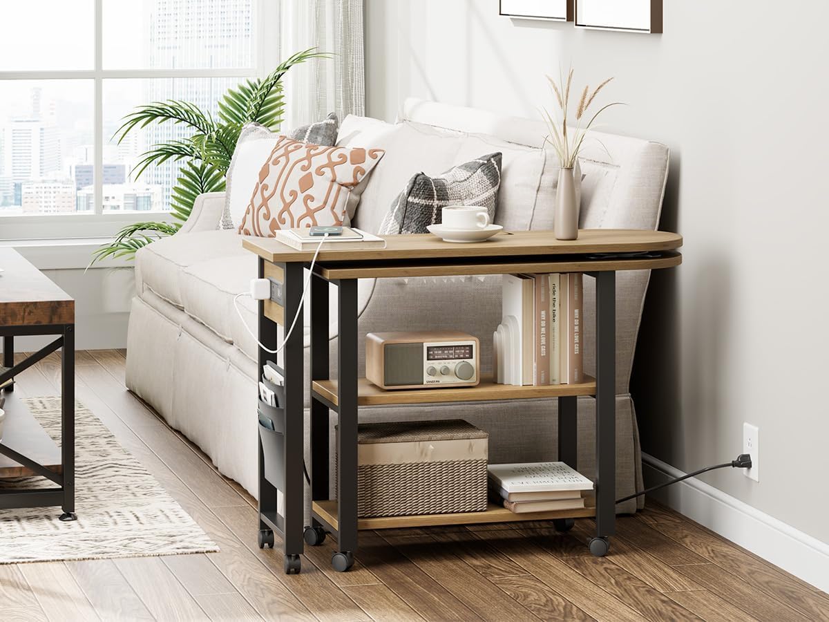 Takywep 360° Rotating Side Table with Storage, End Table with Charging Station, Swivel Coffee Table, Sofa Table with Storage, Rolling Side Table with 6 Lockable Wheels, for Home Office, Wood Color