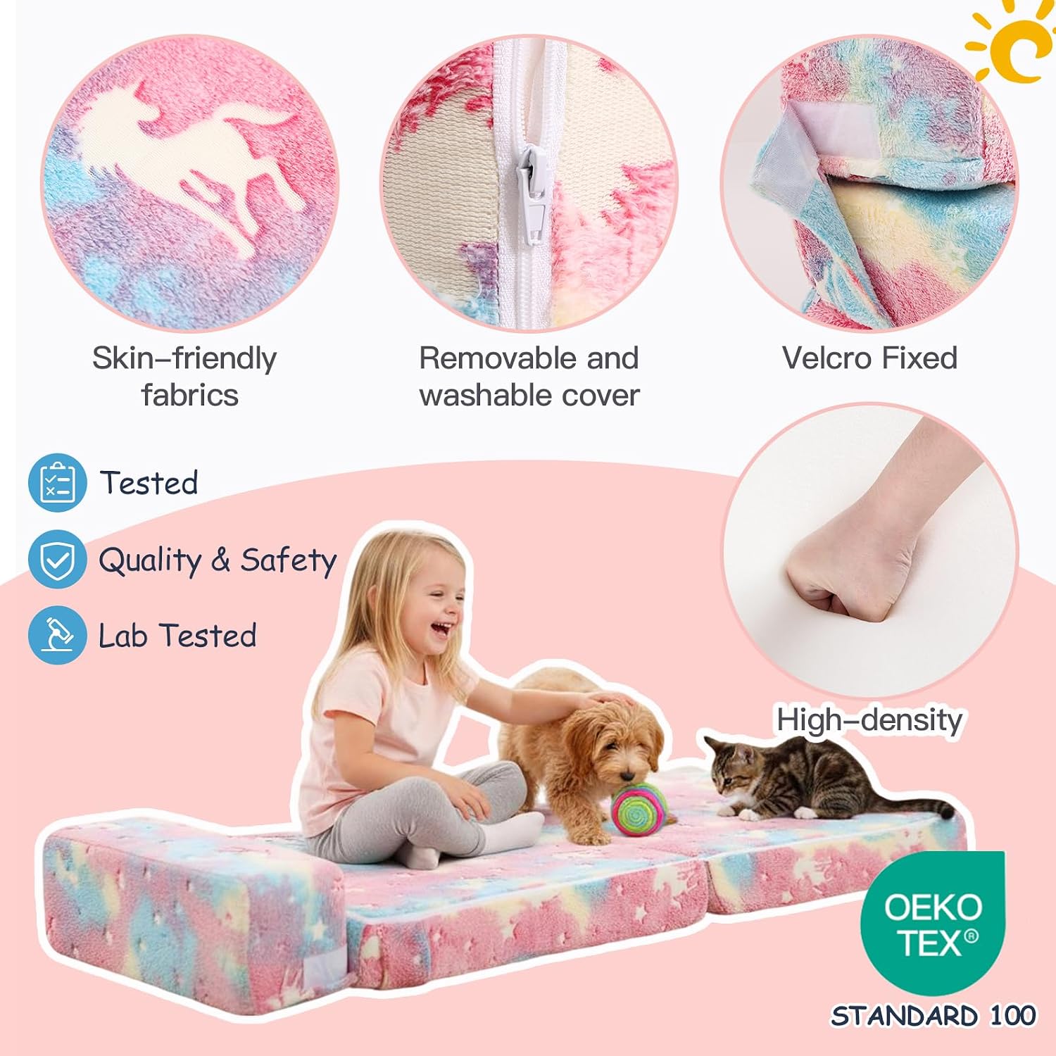 Tiita Folding Sofa Bed for Kids, Toddler Fold Out Couch Bed with Removable Cover, Kids Futon Sleeper Chair Folding Beds Mattress for Children Room, Living Room, Guest Room,Colorful