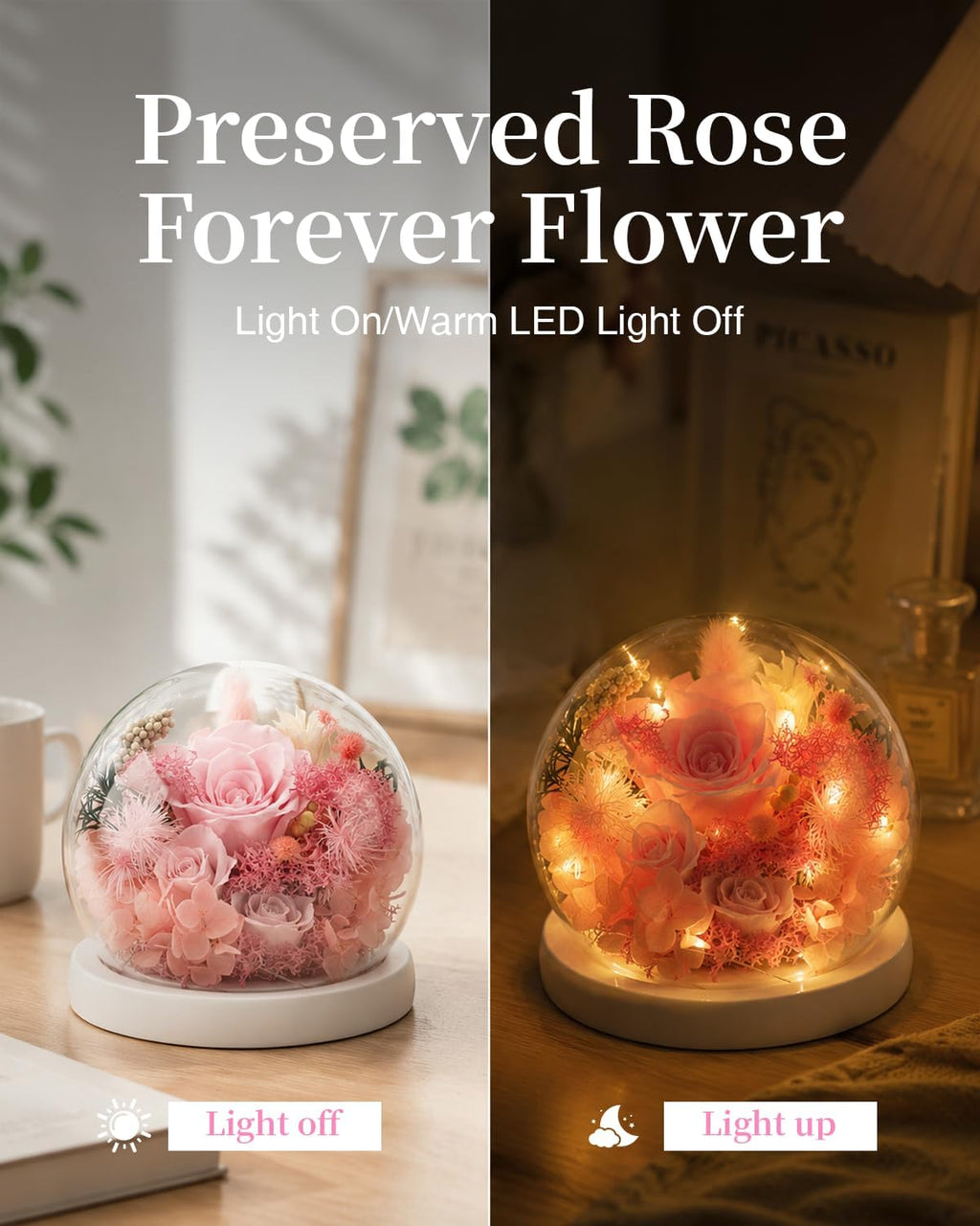 Forever Preserved Flowers Decoration in Clear Glass Dome, Long Lasting Flowers Gift for Her, Romantic Gift for Mother’s Day Valentine’s Day (Pink)
