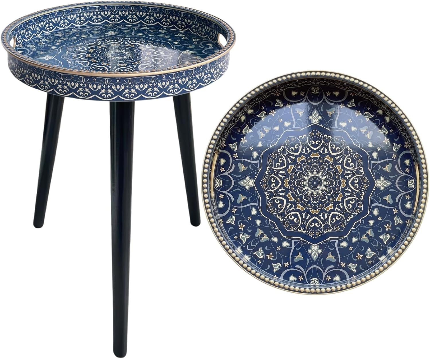 Round Indoor Side Tables with Detachable Wooden 3 Legs, Versatile Tray Table, Perfect for Round Coffee Table Tea, and Relaxation Time 17.7 Inch (33 Blue Maze)