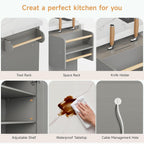ONBRILL 60" Kitchen Island with Power Outlet & Drop Leaf, Rolling Island with Spice Rack & Towel Rack, Kitchen Island Cart with Trash Storage Cabinet, Island Table for Kitchen, Grey+Imitation Marble