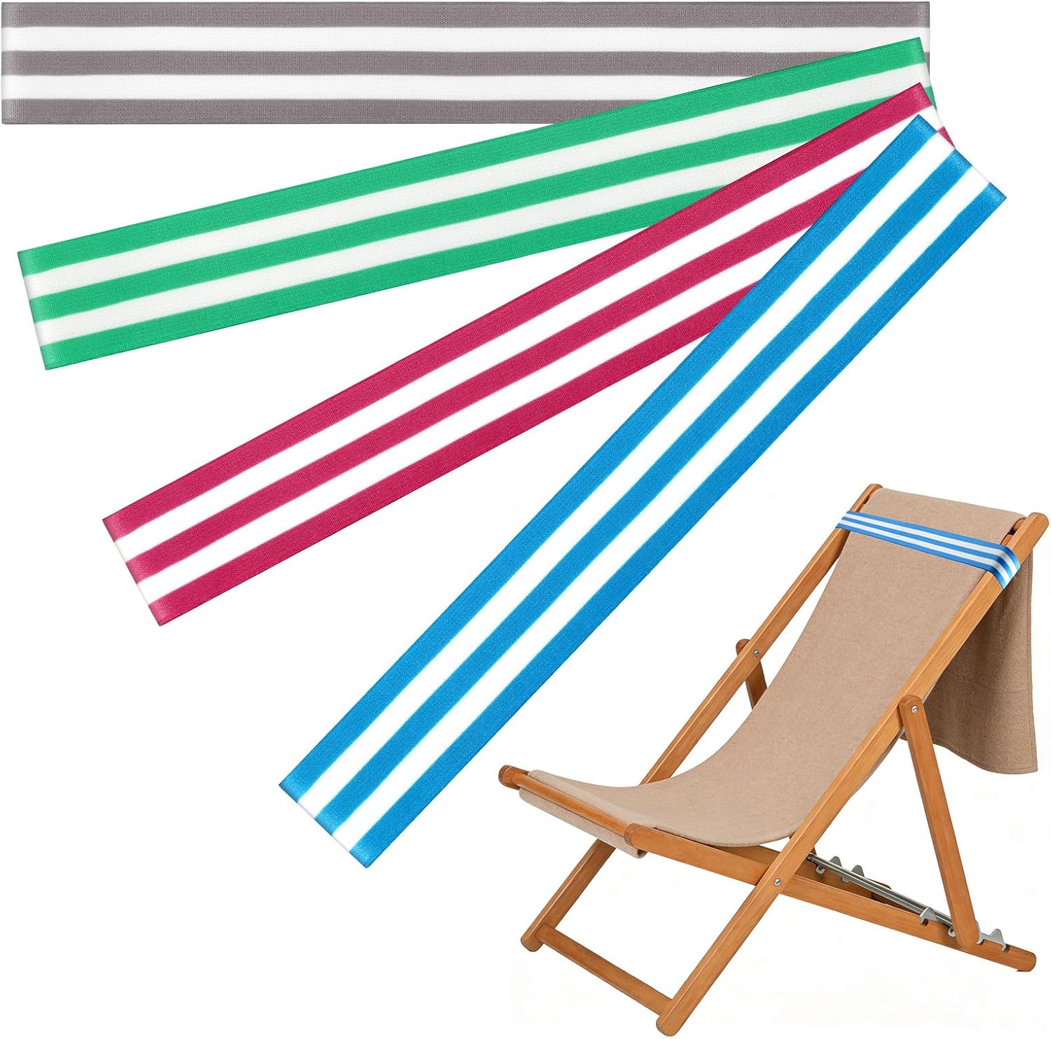 OUTXE Towel Bands, 2026 Upgrade Straps for Beach | Cruise Chair Lounge | Towels Holder | Pool Bag Essentials Must Haves (4-Pack, Striped Blue+Green+Greige+Hot Pink)