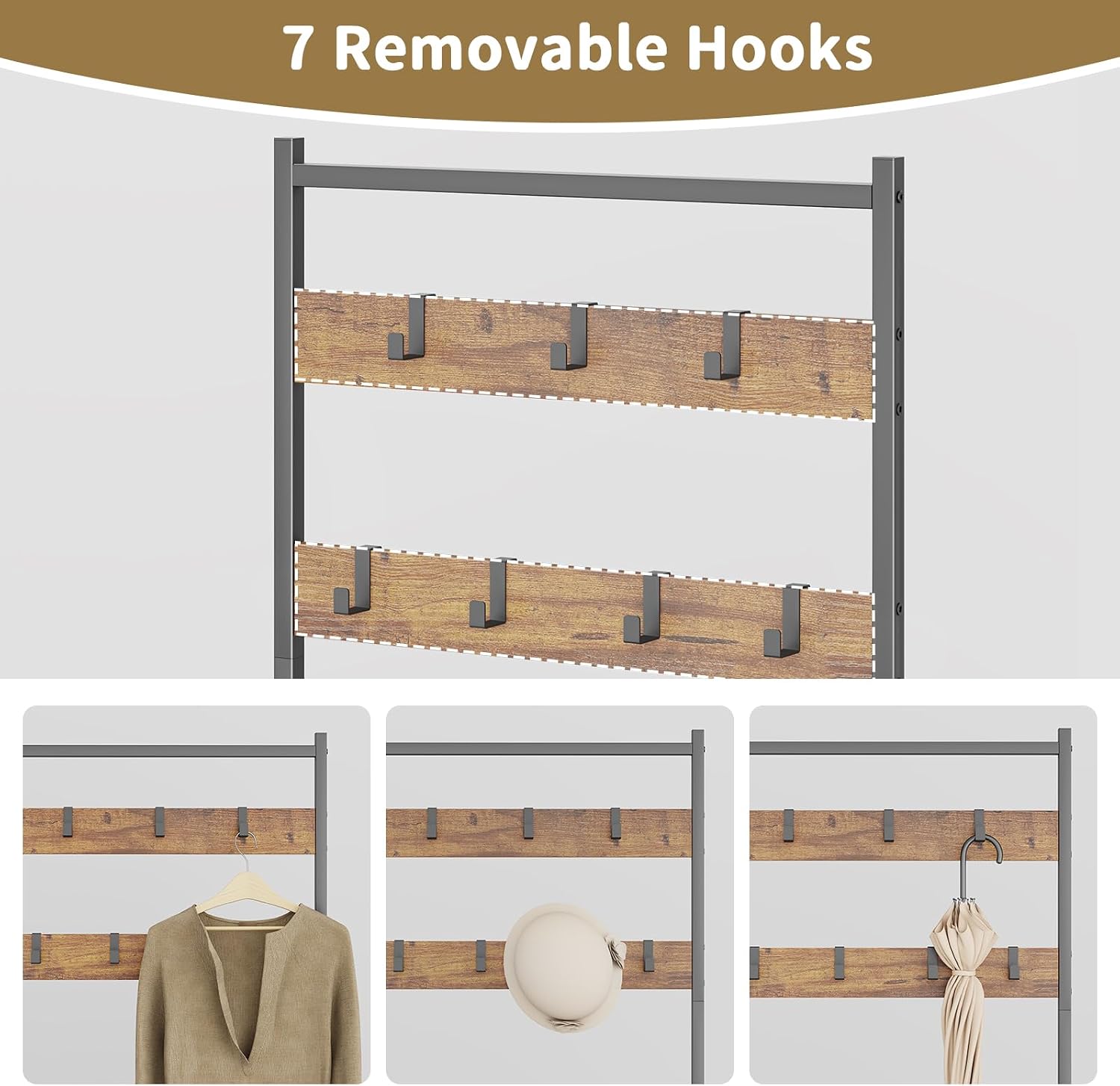 Coat Rack Hall Tree with Shoe Storage, Entryway Hall Tree Storage Bench, Wood Look Accent Furniture with Metal Frame, 3-in-1 Design, Rustic Brown | 7 Movable Hooks, 330lb Weight Capacity, Anti-Tip Design, Adjustable Feet, Fits Small Spaces