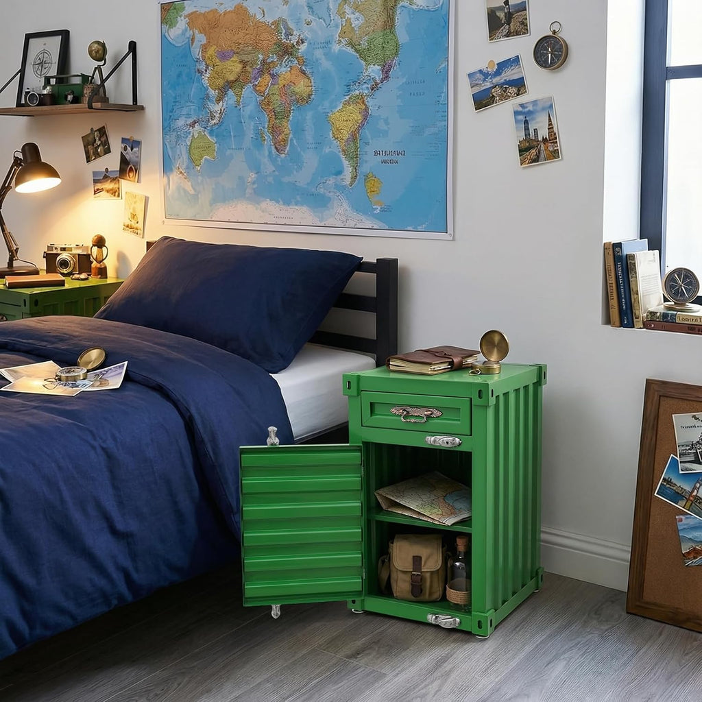 Industrial Metal Container Side Table, 3-Tier End Tables with Drawers, Bedside Table, Container Style Locker Wrought, Retro Style Metal Container Cabinet for Bar/Bedroom/Garage (Green)