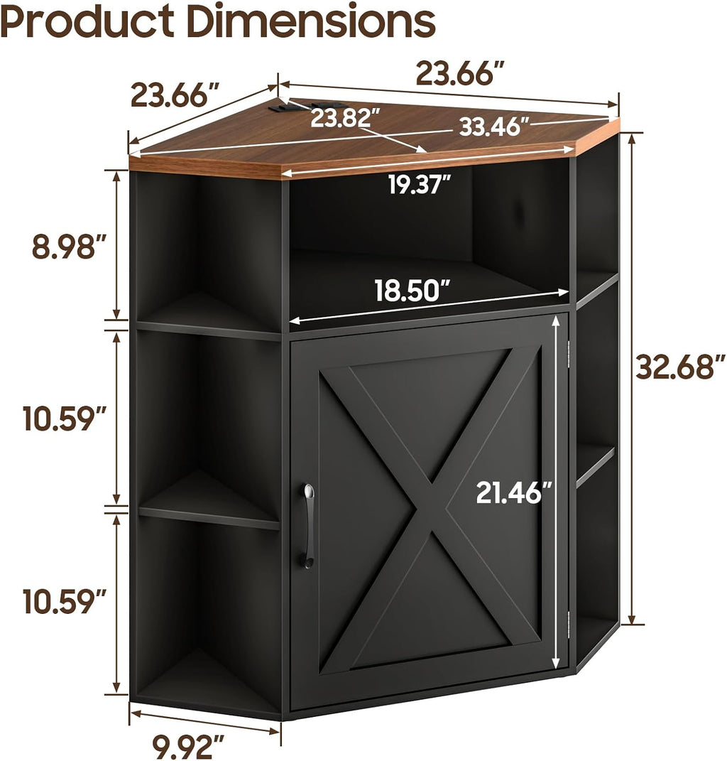 Vabches Corner Cabinet, Corner Storage Shelf with USB Ports and Outlets Industrial Organizer for Small Space Wooden 6-Cubby Bookshelf for Study, Playroom, Living Room (Black and Brown)