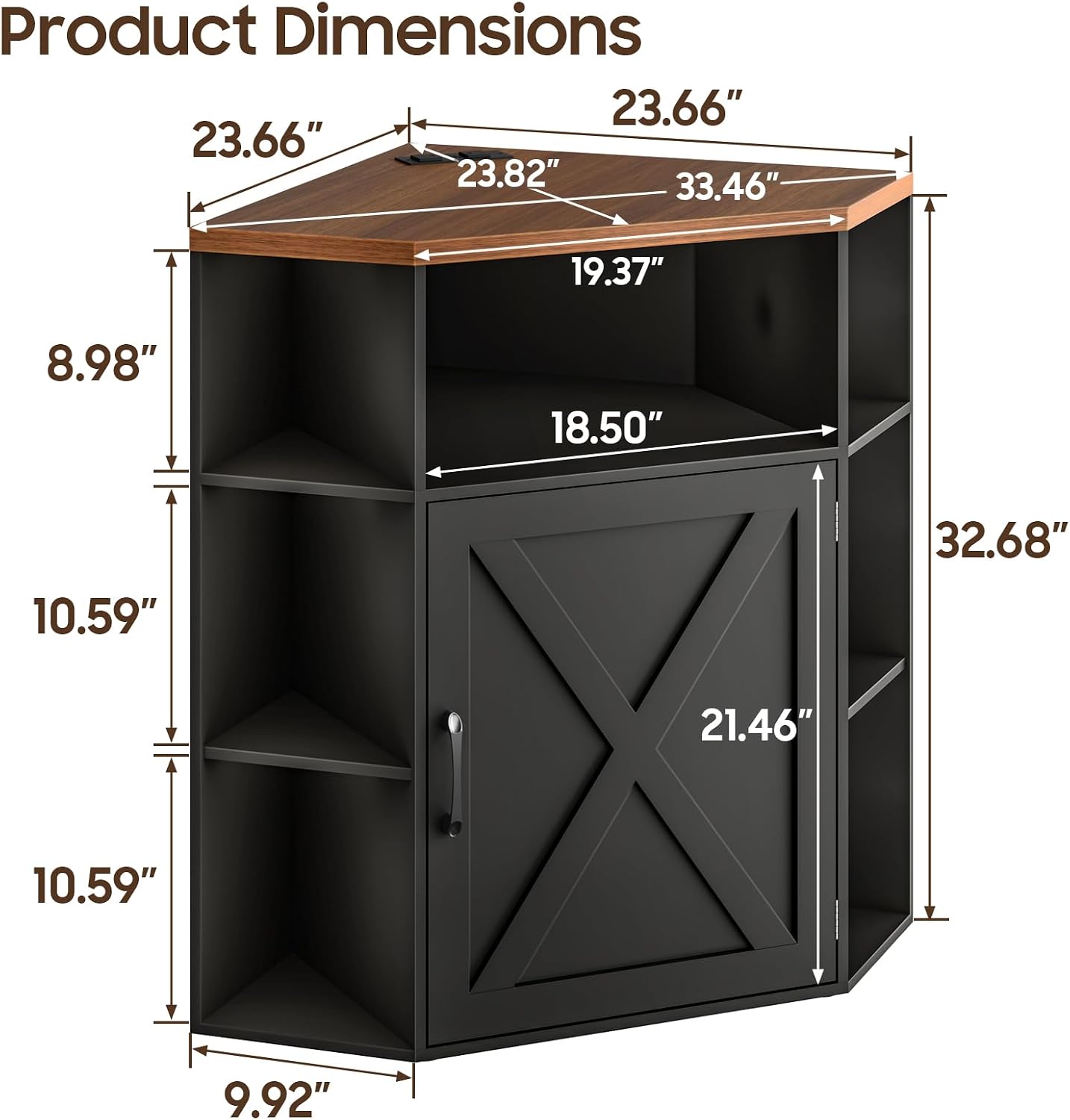 Vabches Corner Cabinet, Corner Storage Shelf with USB Ports and Outlets Industrial Organizer for Small Space Wooden 6-Cubby Bookshelf for Study, Playroom, Living Room (Black and Brown)