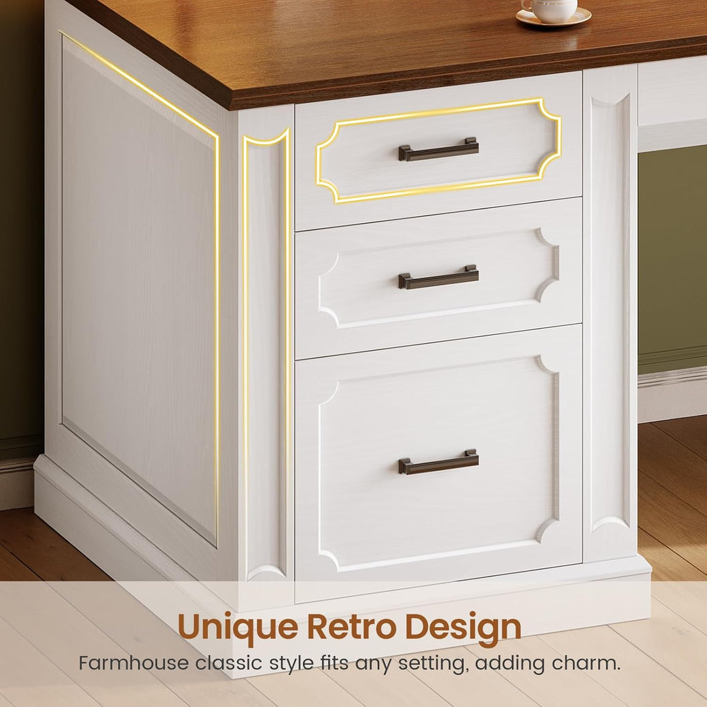 SEDETA Farmhouse 70.9" Executive Desk, Home Office Desk with File Drawers and Storage Cabinet, Computer Desk with Power Outlet for Home Office, Work Study Writing, White+Brown