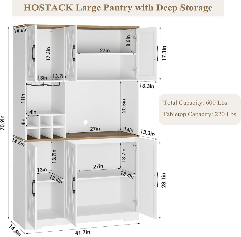 HOSTACK Kitchen Pantry Storage Cabinet, 71" Tall Food Pantry Cabinet with Microwave Stand, Farmhouse Kitchen Hutch, Coffee Bar Hutch with Wine Rack for Dining Room, Living Room, White