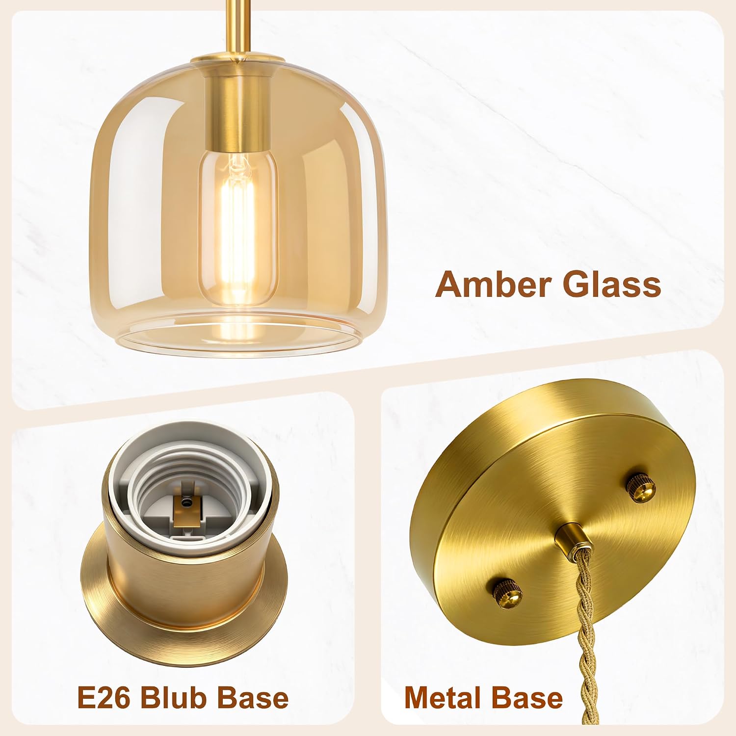 Pendant Lights Kitchen Island 2 Pack,Gold Pendant Lights with Glass Shade,Vintage Hanging Light Fixture Adjustable Cord for Kitchen,Dining Room,Hallway,Living Room,Foyer, Entryway