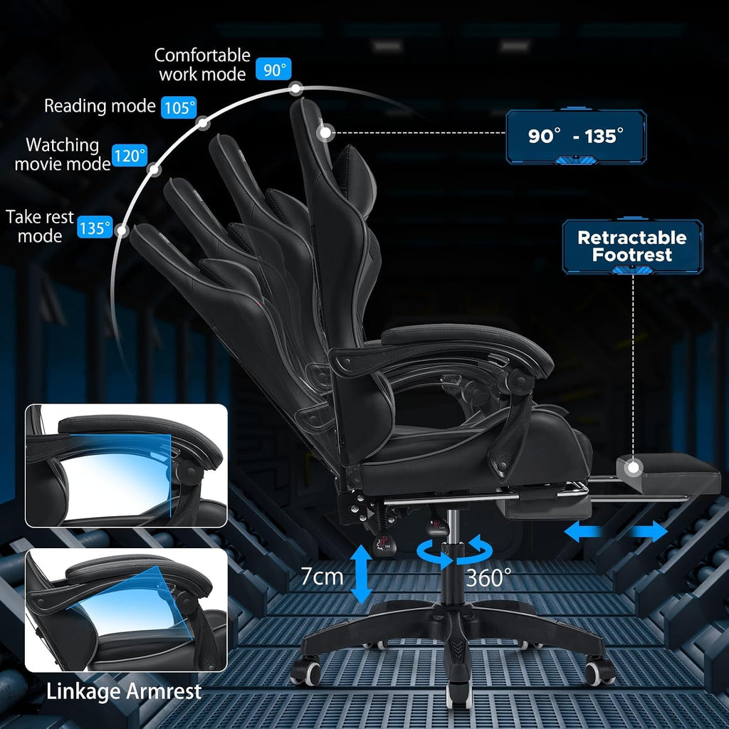 Gaming Chair with Massage Ergonomic Computer Chair with Footrest Reclining Video Game Chair for Boys with Adjustable Armrest Black