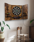Electronic Dart Board, Decorative Dart Board Cabinet for Adults | [12*Bronze Soft Tip Darts] [Cricket Game Mode]- Wooden Electric Dartboard Cabinet for Family Game Rooms [VINTAGE]