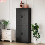 Farmhouse Storage Cabinet with 4 Door, Kitchen Pantry Storage with 4 Adjustable Shelves Wooden Cupboard for Kitchen, Dining Room, Living Room, Bathroom (Black)