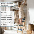 Wooden Folding Step Stool Chair, Solid Pine Wood 3-Step Ladder Stool with Seat, Multi-Purpose Step Chair for Kitchen, Home, Pantry or Bar Use(Wooden)