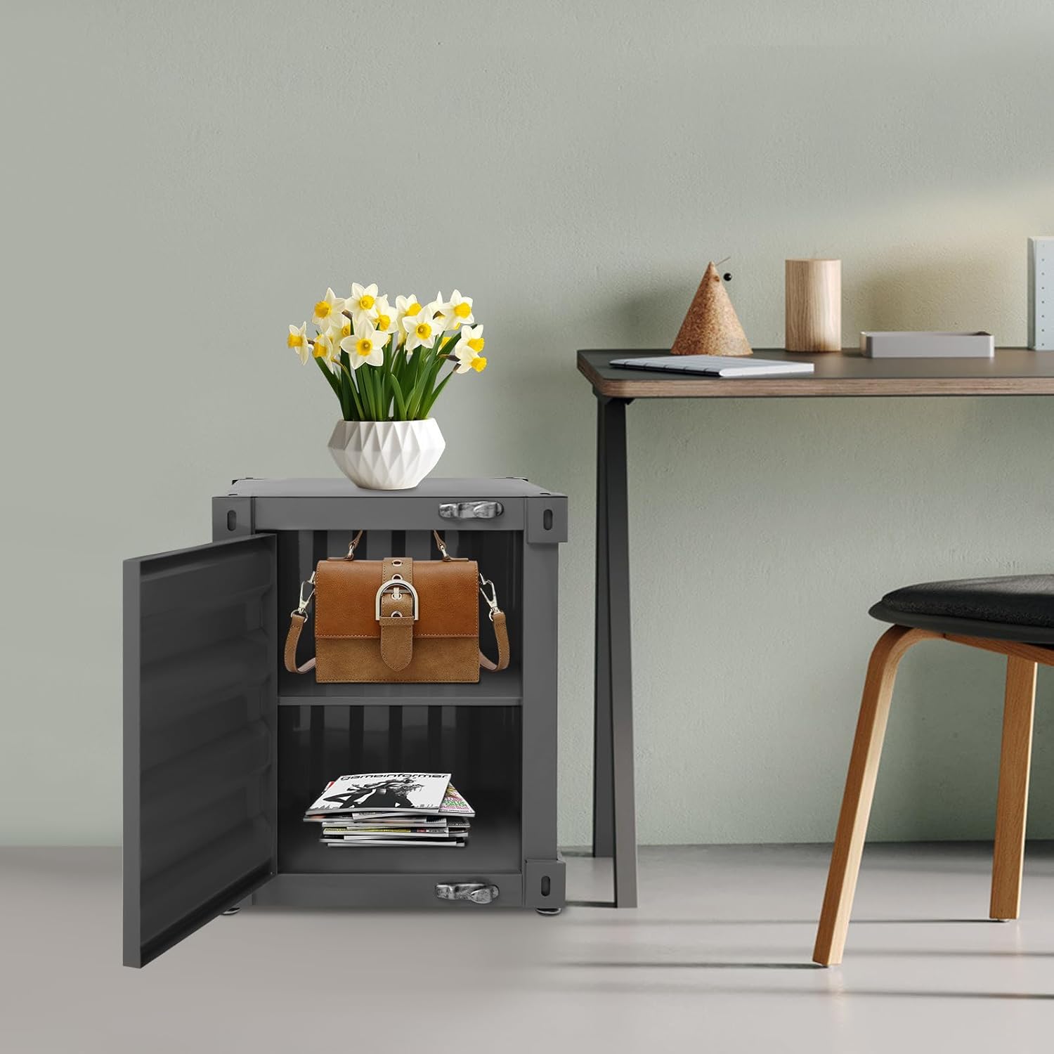 Side Table, Industrial Wind Container Cabinet Iron Bedside Table with Combination Lock, Industrial Style Container Cabinet Iron End Tables Nightstand for Bedroom Living Room (Black)