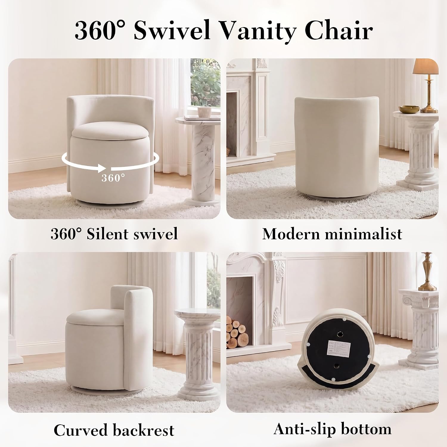 FOXHUNTER Vanity Stool with Storage Vanity Chair with Back, 360°Swivel Accent Chair Upholstered Vanity Chairs for Living Room, Makeup Room,Bedroom,Office(Beige)