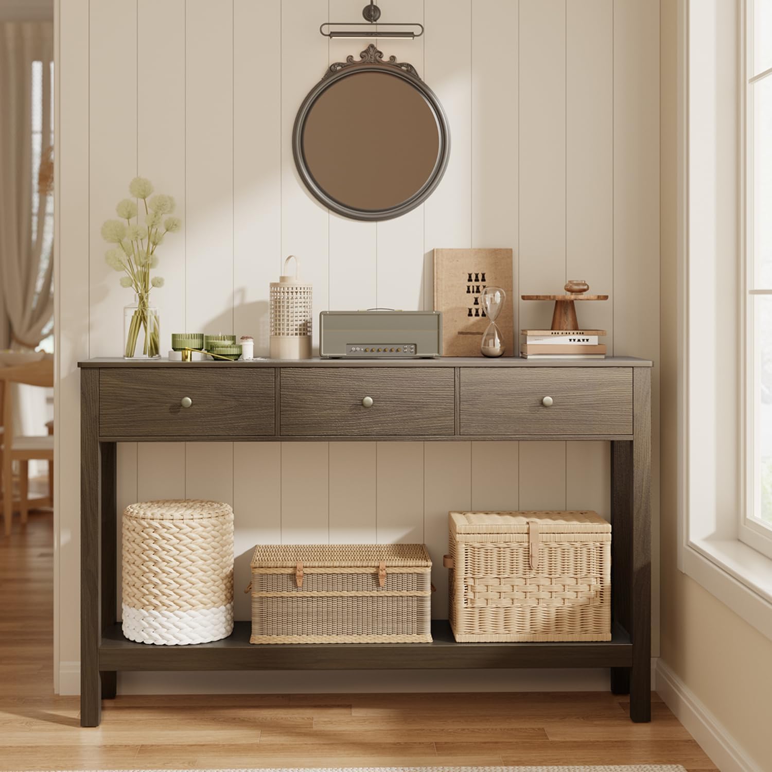 Gizoon Sofa Table with 3 Drawers, Modern Accent Console Table with Open Shelf, Large Storage Space, for Living Room, Front Hall, Entrance Hall, Study Room, Dark Brown