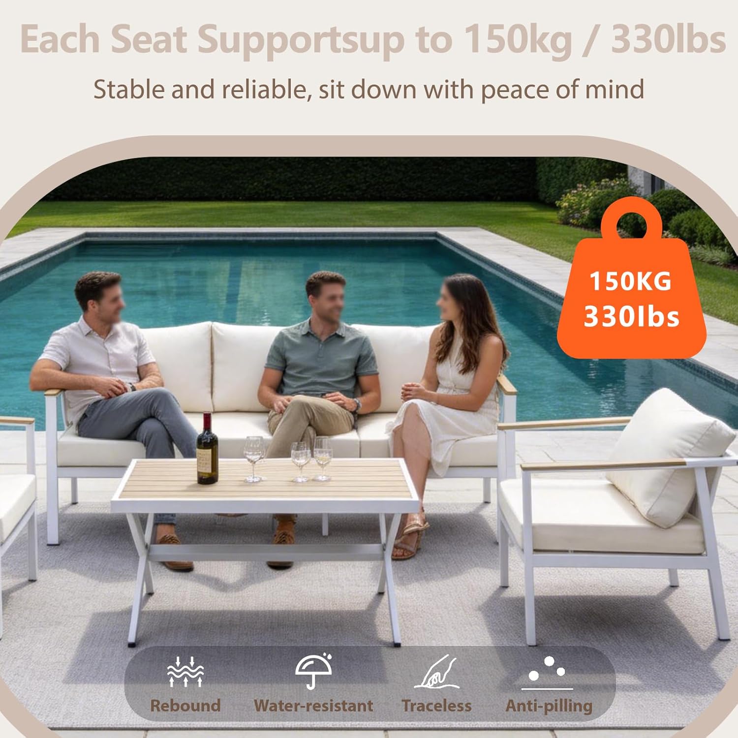All-Aluminum Double Seater Sofa Waterproof Anti-Rust Outdoor Patio Loveseat for Garden Backyard White